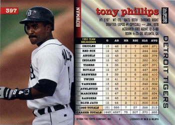 1994 Bowman #397 Tony Phillips Back