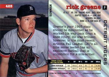 1994 Bowman #425 Rick Greene Back