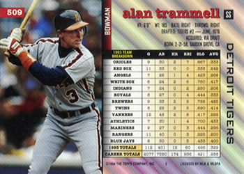 1994 Bowman #509 Alan Trammell Back