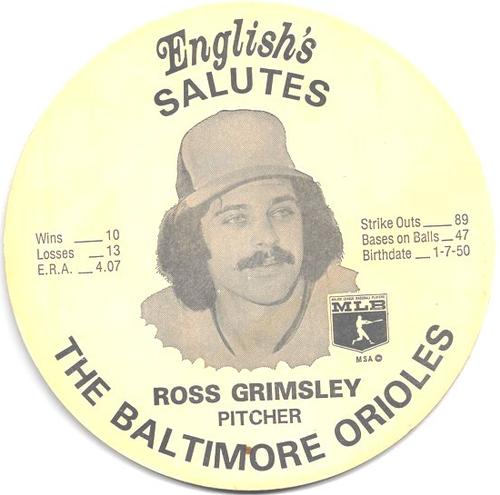 1976 English's Chicken Baltimore Orioles Lids (Small) #NNO Ross Grimsley Front