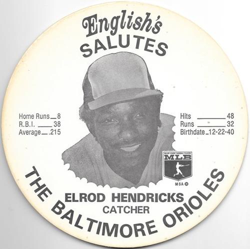 1976 English's Chicken Baltimore Orioles Lids (Small) #NNO Elrod Hendricks Front
