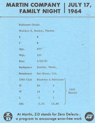 1964 Baltimore Orioles Martin Family Night SGA #NNO Wally Bunker Back