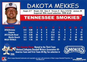 2018 Grandstand Tennessee Smokies #NNO Dakota Mekkes Back