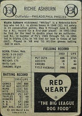 1954 Red Heart Dog Food #NNO Richie Ashburn Back