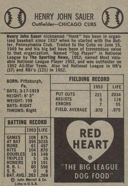 1954 Red Heart Dog Food #NNO Hank Sauer Back