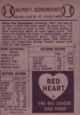 1954 Red Heart Dog Food #NNO Red Schoendienst Back