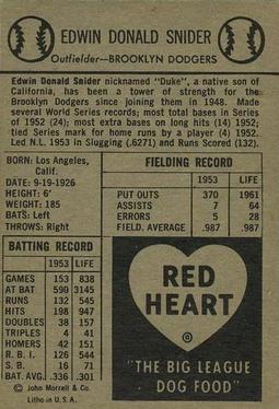 1954 Red Heart Dog Food #NNO Duke Snider Back