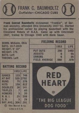 1954 Red Heart Dog Food #NNO Frankie Baumholtz Back