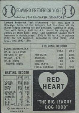 1954 Red Heart Dog Food #NNO Eddie Yost Back
