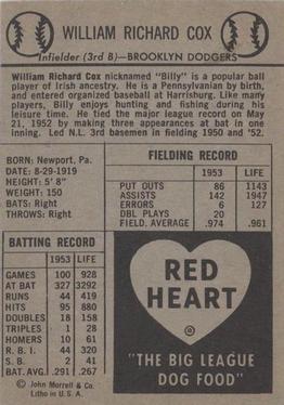 1954 Red Heart Dog Food #NNO Billy Cox Back