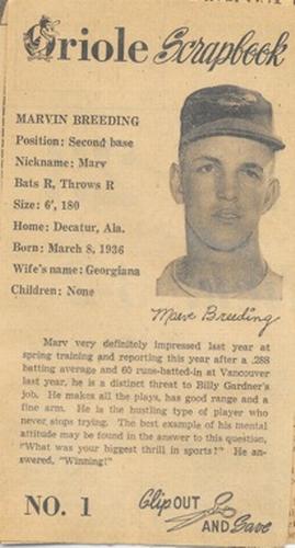 1960 Baltimore News-Post Baltimore Orioles Scrapbook Cards #1 Marv Breeding Front