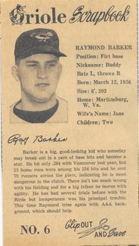 1960 Baltimore News-Post Baltimore Orioles Scrapbook Cards #6 Ray Barker Front