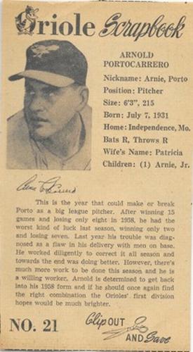 1960 Baltimore News-Post Baltimore Orioles Scrapbook Cards #21 Arnold Portocarrero Front