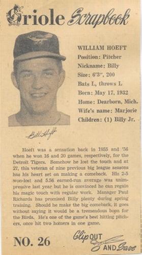 1960 Baltimore News-Post Baltimore Orioles Scrapbook Cards #26 Billy Hoeft Front