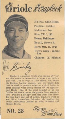 1960 Baltimore News-Post Baltimore Orioles Scrapbook Cards #28 Joe Ginsberg Front