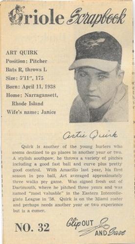1960 Baltimore News-Post Baltimore Orioles Scrapbook Cards #32 Art Quirk Front