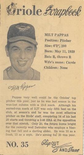 1960 Baltimore News-Post Baltimore Orioles Scrapbook Cards #35 Milt Pappas Front
