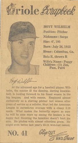 1960 Baltimore News-Post Baltimore Orioles Scrapbook Cards #41 Hoyt Wilhelm Front