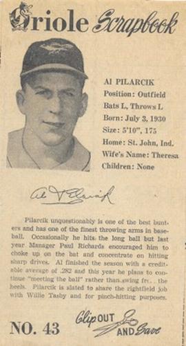 1960 Baltimore News-Post Baltimore Orioles Scrapbook Cards #43 Al Pilarcik Front