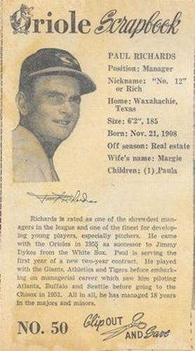 1960 Baltimore News-Post Baltimore Orioles Scrapbook Cards #50 Paul Richards Front