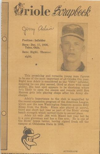 1961 Baltimore News-Post Baltimore Orioles Scrapbook Cards #NNO Jerry Adair Front