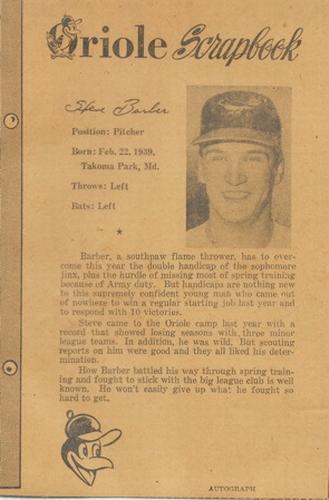1961 Baltimore News-Post Baltimore Orioles Scrapbook Cards #NNO Steve Barber Front