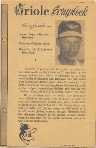 1961 Baltimore News-Post Baltimore Orioles Scrapbook Cards #NNO Harry Brecheen Front