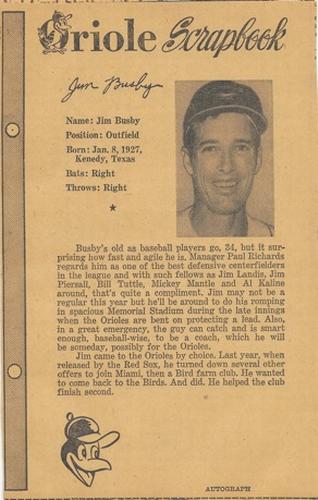 1961 Baltimore News-Post Baltimore Orioles Scrapbook Cards #NNO Jim Busby Front