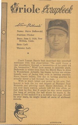 1961 Baltimore News-Post Baltimore Orioles Scrapbook Cards #NNO Steve Dalkowski Front