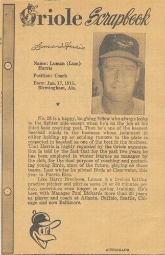 1961 Baltimore News-Post Baltimore Orioles Scrapbook Cards #NNO Lum Harris Front