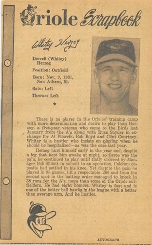 1961 Baltimore News-Post Baltimore Orioles Scrapbook Cards #NNO Whitey Herzog Front