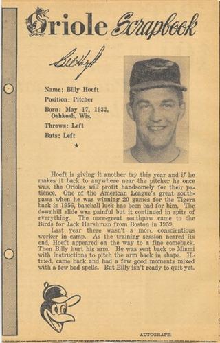 1961 Baltimore News-Post Baltimore Orioles Scrapbook Cards #NNO Billy Hoeft Front