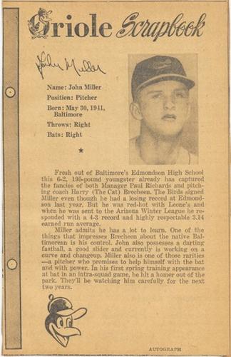 1961 Baltimore News-Post Baltimore Orioles Scrapbook Cards #NNO John Miller Front