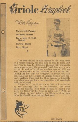 1961 Baltimore News-Post Baltimore Orioles Scrapbook Cards #NNO Milt Pappas Front