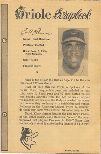 1961 Baltimore News-Post Baltimore Orioles Scrapbook Cards #NNO Earl Robinson Front