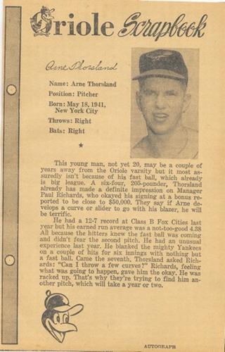 1961 Baltimore News-Post Baltimore Orioles Scrapbook Cards #NNO Arne Thorsland Front