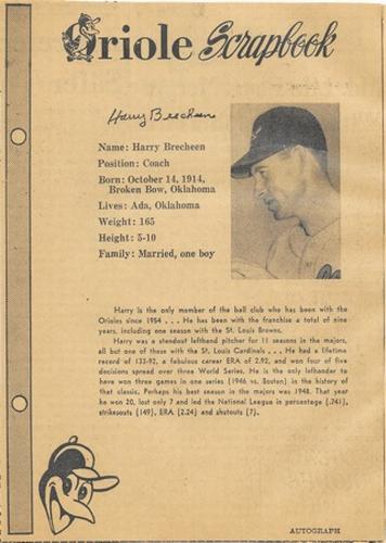 1962 Baltimore News-Post Baltimore Orioles Scrapbook Cards #NNO Harry Brecheen Front