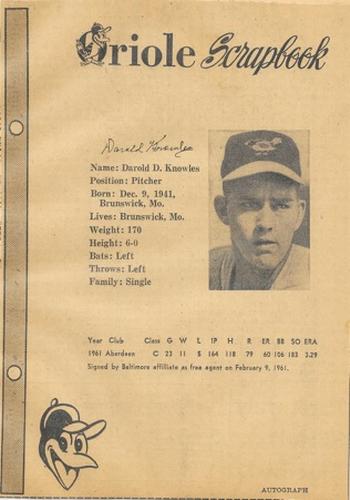 1962 Baltimore News-Post Baltimore Orioles Scrapbook Cards #NNO Darold Knowles Front