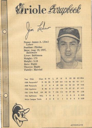 1962 Baltimore News-Post Baltimore Orioles Scrapbook Cards #NNO Jim Lehew Front