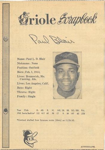 1963 Baltimore News-Post Baltimore Orioles Scrapbook Cards #NNO Paul Blair Front