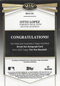 2022 Topps Tier One - Break Out Autographs #BOA-OL Otto Lopez Back