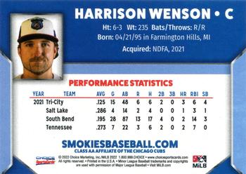 2022 Choice Tennessee Smokies #NNO Harrison Wenson Back