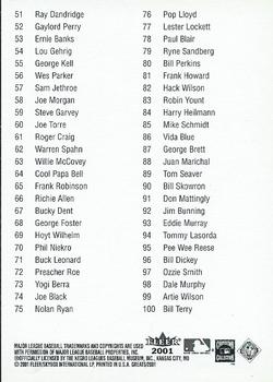 2001 Fleer Greats of the Game - Checklists #NNO Checklist: 1-100 Back