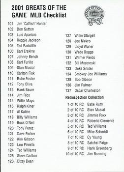 2001 Fleer Greats of the Game - Checklists #NNO Checklist: 101-137 and Inserts Front