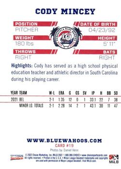 2022 Choice Pensacola Blue Wahoos #19 Cody Mincey Back