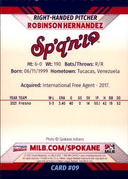 2022 Choice Spokane Indians #09 Robinson Hernandez Back