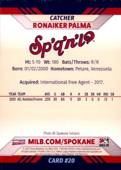 2022 Choice Spokane Indians #20 Ronaiker Palma Back