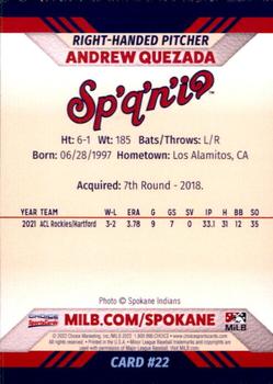 2022 Choice Spokane Indians #22 Andrew Quezada Back