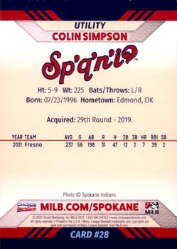 2022 Choice Spokane Indians #28 Colin Simpson Back