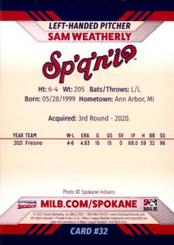 2022 Choice Spokane Indians #32 Sam Weatherly Back